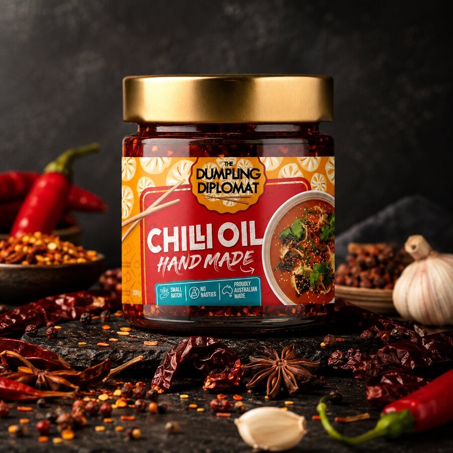 A jar of The Dumpling Diplomat homemade chilli oil